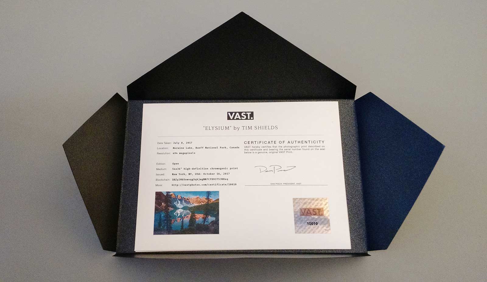 A VAST Certificate of Authenticity in the envelope