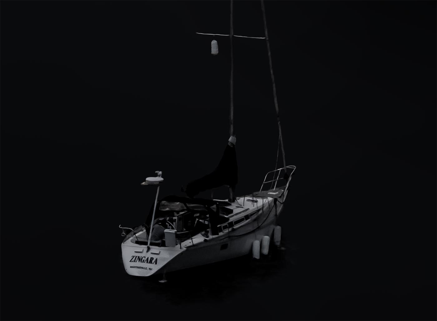 Close up of a sailboat from The Hand of Zeus, a VAST photo by Dan Piech.