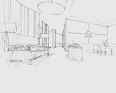 A pencil sketch made by an interior designer of a room layout plan with an ultra-high-resolution VAST photo on the wall.