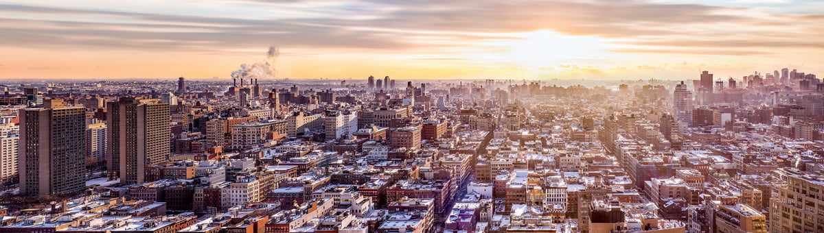 3,934 megapixels! A very high definition, large-format VAST photo print of the SoHo skyline in NYC in winter snow; cityscape sunrise fine art photo created by Dan Piech in New York City.
