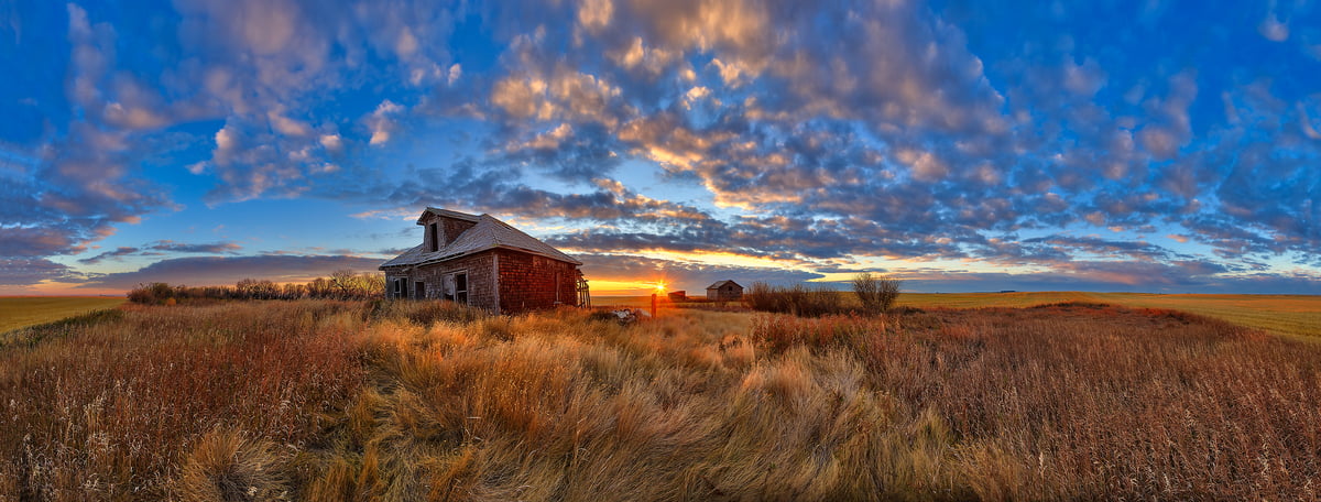 137 megapixels! A very high resolution, large-format VAST photo of farmland, grasslands, the prairie, and an old abandoned house; fine art landscape photo created at sunset by Scott Dimond on the Great Plains in Alberta, Canada.