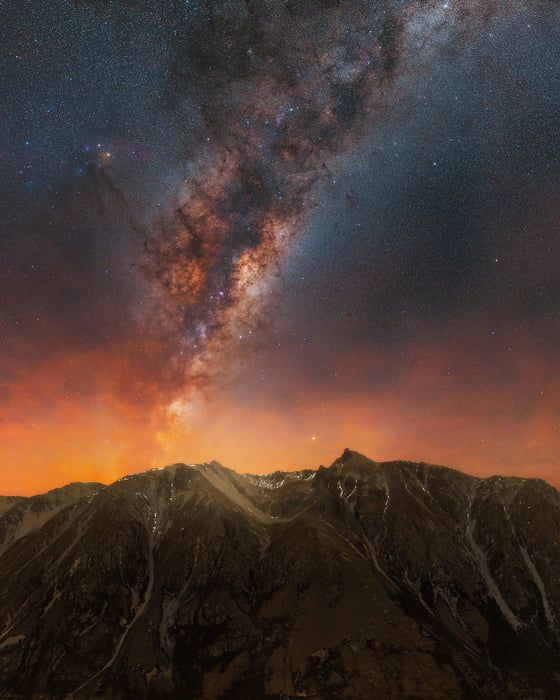 511 megapixels! A very high resolution, large-format VAST photo print of the Milky Way with stars above a beautiful mountain landscape; fine art astrophotography landscape photograph created by Paul Wilson in New Zealand.