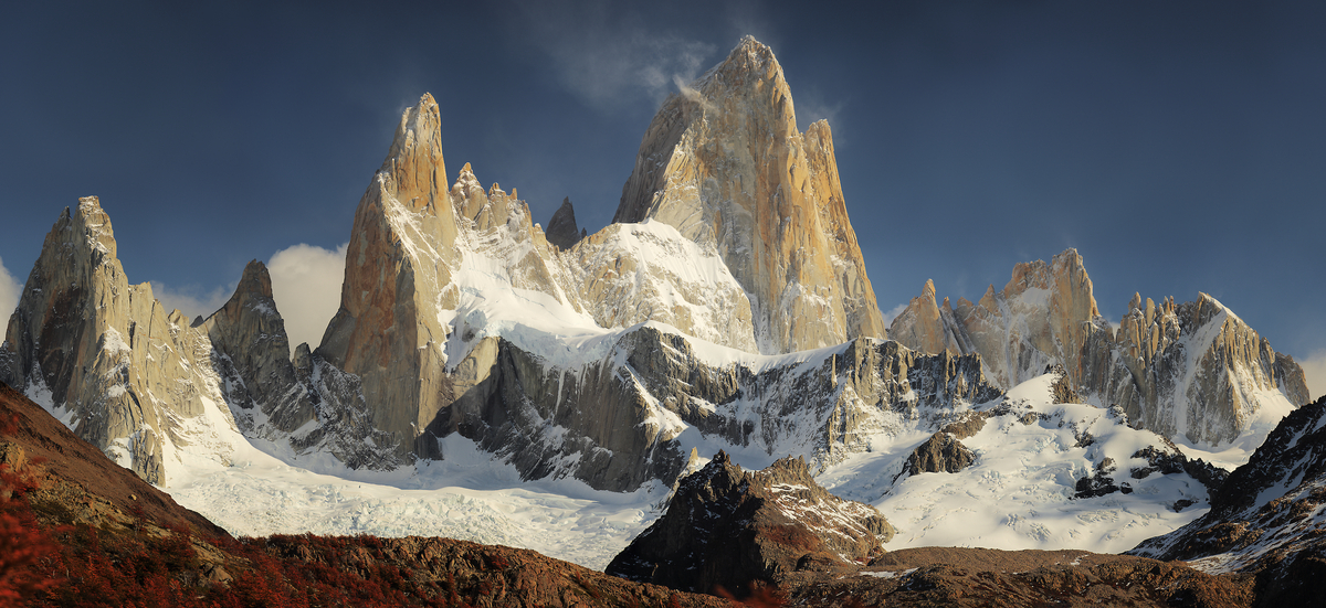 321 megapixels! A very high resolution, large-format VAST photo print of a snowy mountain scene with glaciers, blue sky, and clouds; fine art landscape photograph created by Alexandre Deschaumes at El Chalten in Los Glaciares National Park, Argentina, Patagonia.