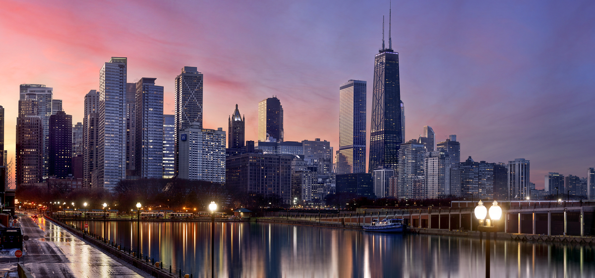 381 megapixels! A very high resolution, large-format VAST photo print of the Chicago skyline at sunset; cityscape photograph created by Phil Crawshay in Chicago, Illinois.