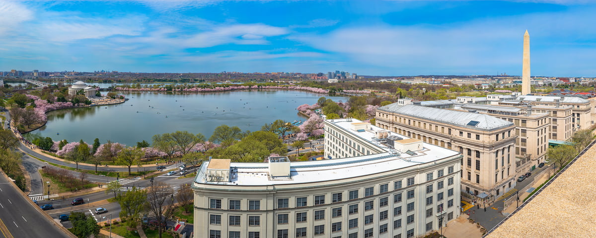 3,469 megapixels! A very high resolution, large-format VAST photo print of Washington, DC with the Washington Monument, Tidal Basin, Jefferson Memorial, and Cherry Blossoms; photograph created by Tim Lo Monaco in Tidal Basin, Washington, D.C., USA.