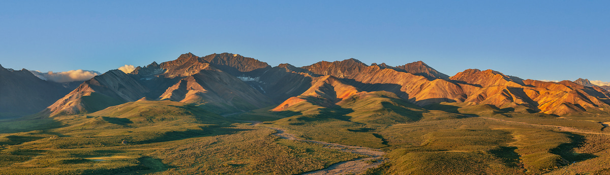 549 megapixels! A very high resolution, large-format VAST photo print of hills and a mountain ridgeline at sunrise; landscape photograph created by John Freeman in Polychrome Overlook, Denali National Park, Alaska.