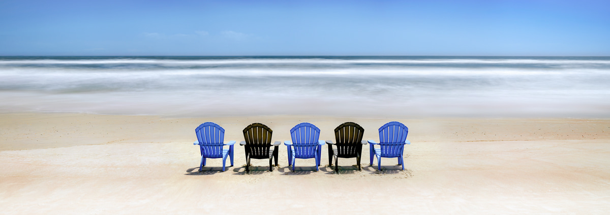236 megapixels! A very high resolution, large-format VAST photo print of beach chairs on the sand; photograph created by Phil Crawshay in Vilano Beach, St Augustine, Florida.