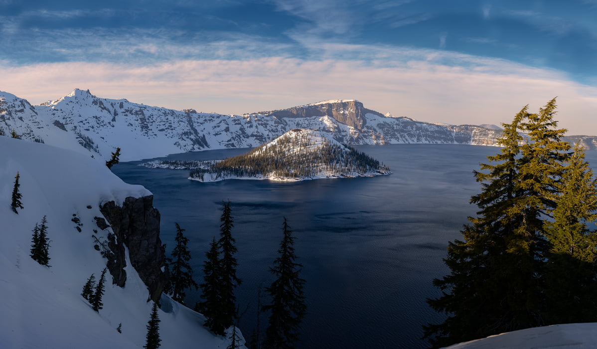 987 megapixels! A very high resolution, large-format VAST photo print of a snowy lake; landscape photograph created by Chris Blake in Crater Lake National Park, Oregon.