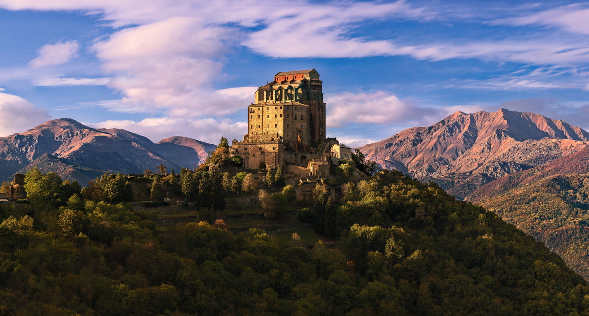 822 megapixels! A very high resolution, large-format VAST photo print of a magical landscape with a religious castle on a hill; photograph created by Duilio Fiorille of Sacra di San Michele in Sant'Ambrogio di Torino, Piedmont, italy.