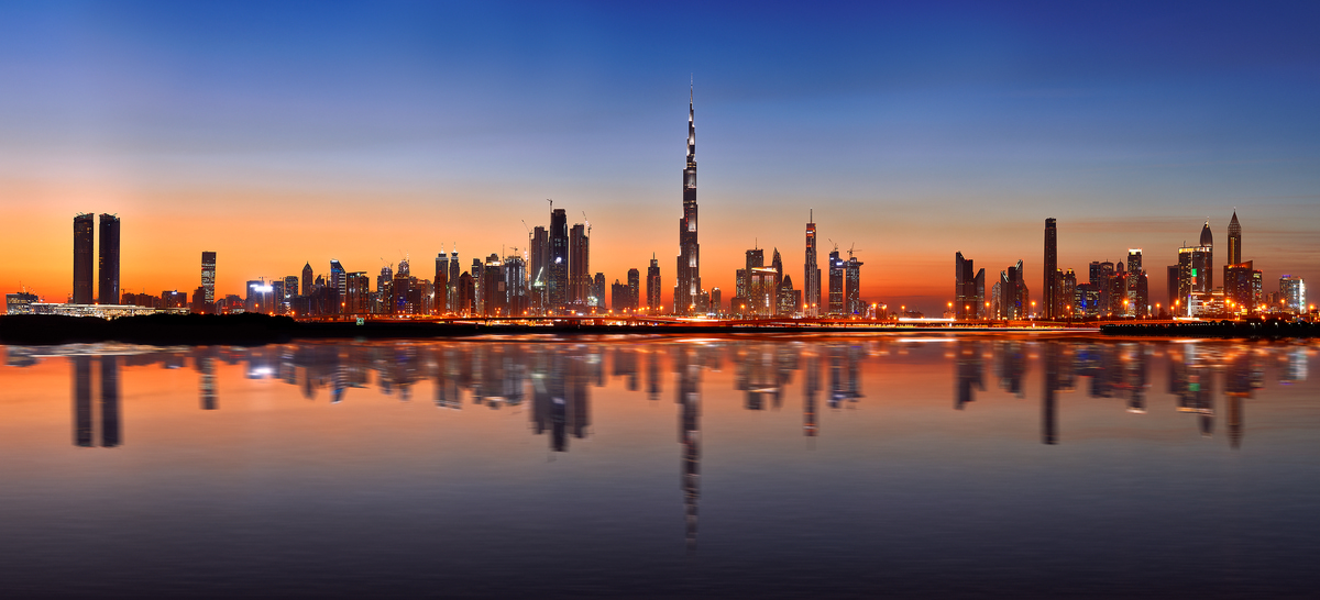 273 megapixels! A very high resolution, large-format VAST photo print of the Dubai skyline at sunset; cityscape photograph created by Chris Collacott in Dubai, United Arab Emirates.