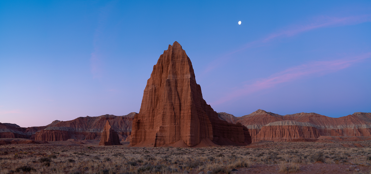 275 megapixels! A very high resolution, large-format VAST photo print of a meditative landscape photo with the temples of Capitol Reef National Park, sunset, and the moon; photograph created by Greg Probst in Utah.