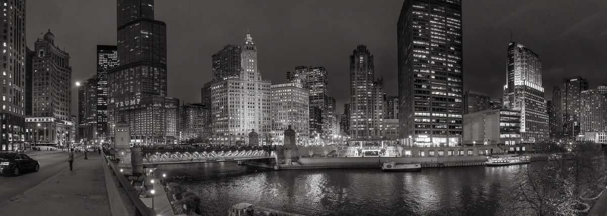 240 megapixels! A very high resolution, black & white VAST photo print of the Chicago River at night with the Chicago skyline; black & white cityscape photograph created by Peter Rodger along the Chicago River in Chicago, Illinois.