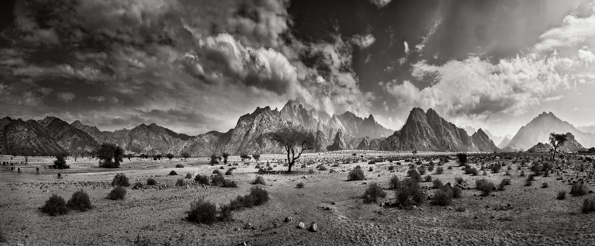427 megapixels! A very high resolution, large-format VAST photo print of a black & white desert mountain landscape; photograph created by Peter Rodger in Tabuk, Saudi Arabia.