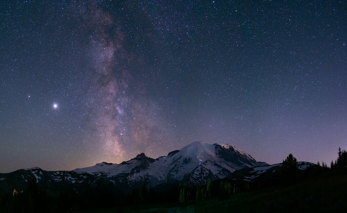157 megapixels! A very high resolution, large-format VAST photo print of Mt. Rainier at night with the Milky Way; landscape astrophotograph created by Greg Probst in Mt. Rainier National Park, Washington.
