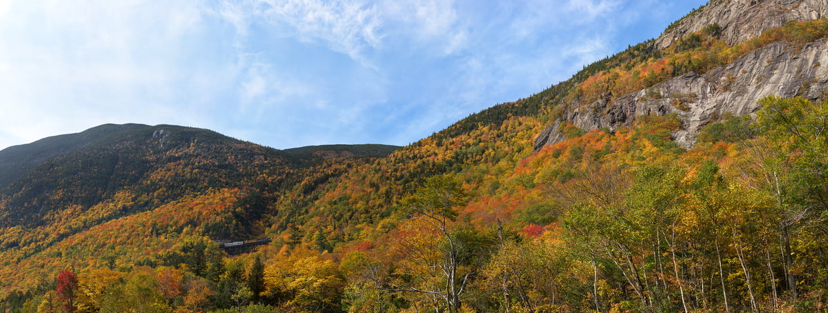 2,705 megapixels! A very high resolution, large-format VAST photo print of Willey Brook Trestle amid autumn foliage; photograph created by Aaron Priest in Hart's Location, New Hampshire.