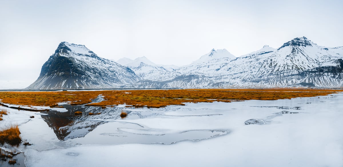 763 megapixels! A very high resolution, large-format VAST photo print of an ice and snow-covered mountain landscape; photograph created by Justin Katz in Reynivelir, Outside Jokusarlon Glacier, Iceland.