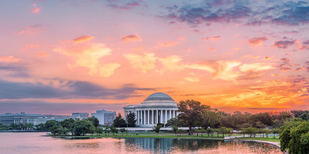 159 megapixels! A very high resolution, large-format VAST photo print of the Jefferson Memorial and the Tidal Basin at sunrise; photograph created by Tim Lo Monaco at the The National Mall, Washington, D.C.