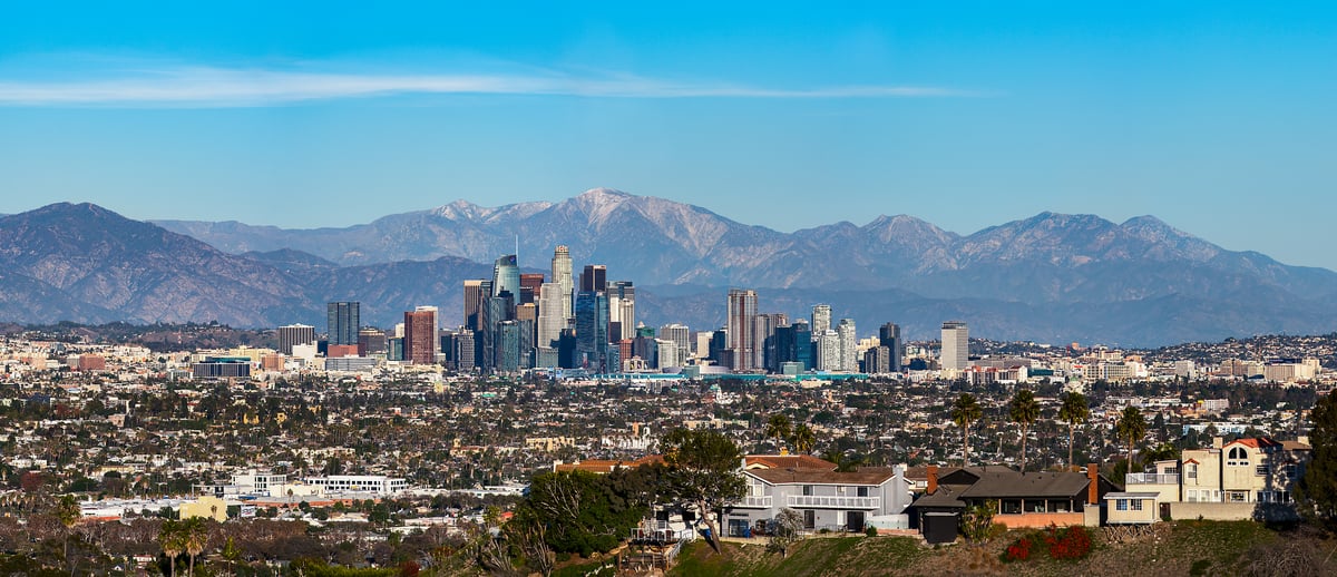 138 megapixels! A very high resolution, large-format VAST photo print of the downtown Los Angeles skyline with mountains in the background; photograph created by Jim Tarpo in Ladera Heights, Los Angeles, CA.
