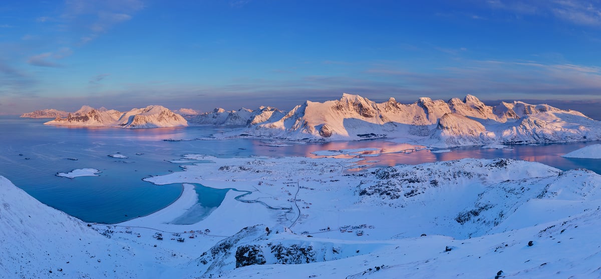 4,948 megapixels! A very high resolution gigapixel photo print of mountains and the ocean at sunset; landscape photograph created by Martin Kulhavy in Ryten Mountain, Lofoten, Norway.