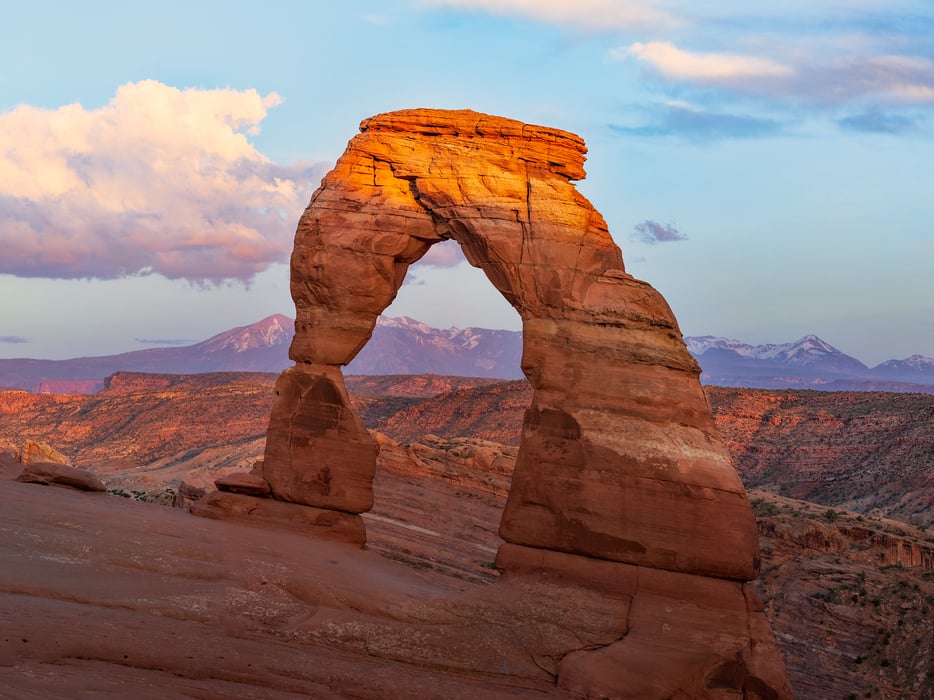 361 megapixels! A very high resolution, large-format VAST photo print of Delicate Arch at sunset; landscape photograph created by John Freeman in Arches National Park, Utah.