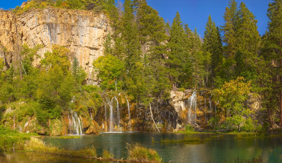 5,903 megapixels! A very high resolution, large-format VAST photo print of a small lake with waterfalls, trees, and cliffs; nature photograph created by John Freeman in Hanging Lake, Glenwood Canyon, Colorado.