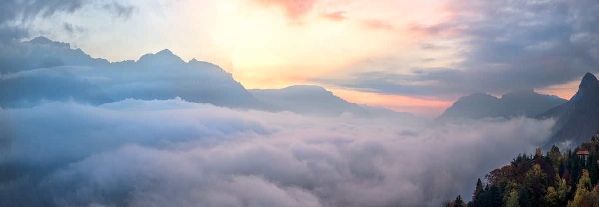 357 megapixels! A very high resolution, large-format VAST photo print of a mountainous valley with clouds at sunrise; landscape photograph created by Ennio Pozzetti in Civenna, Como lake, Italy.