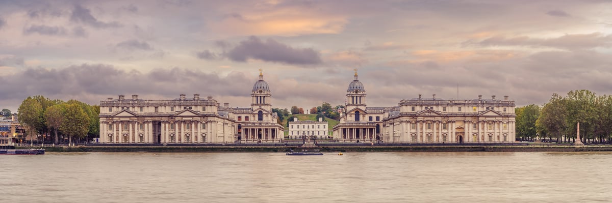 221 megapixels! A very high resolution, large-format VAST photo print of the Royal Naval College in London along the River Thames with a beautiful sunset; architecture photograph created by Assaf Frank at the Royal Naval College in Greenwich, London, United Kingdom.