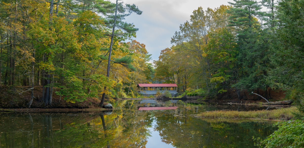 334 megapixels! A very high resolution, large-format VAST photo print of a covered bridge over a the Taylor River in New Hampshire in autumn; photograph created by Greg Probst.