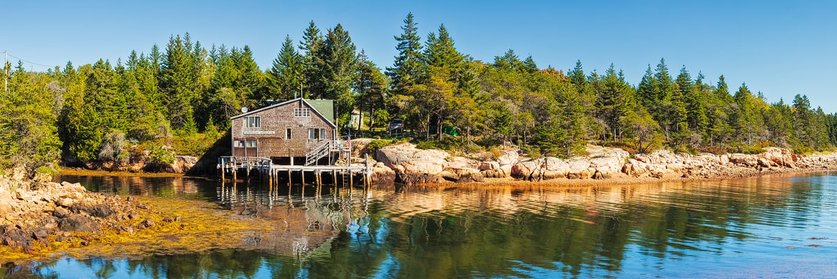 169 megapixels! A very high resolution, large-format VAST photo print of the Maine coastline with a cabin; photograph created by John Freeman in Wonsqueak Harbor, Gouldsboro, Maine.