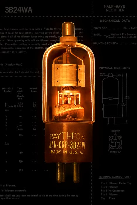 101 megapixels! A very high resolution, large-format artwork of a vacuum tube and its data specification sheet. Photograph created by Scott Dimond.