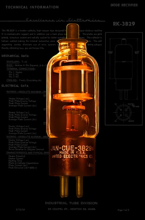 100 megapixels! A very high resolution, large-format artwork representing computer science. Photograph of a vacuum tube and its data specification sheet created by Scott Dimond.