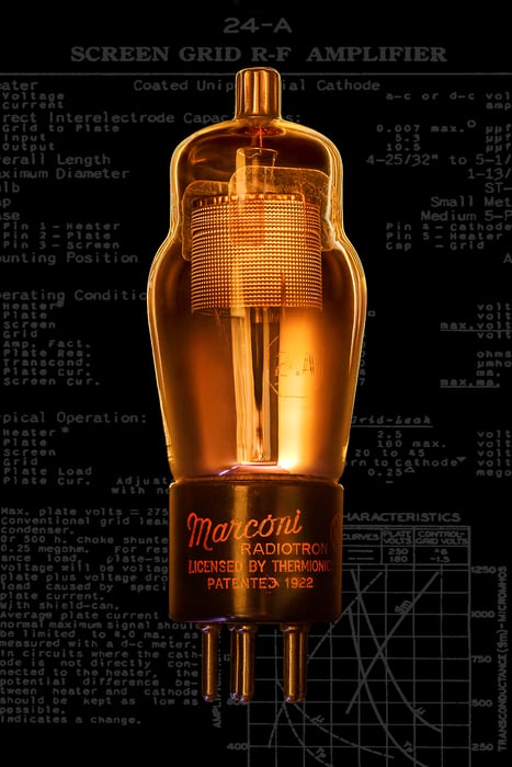 101 megapixels! A photo of old technology. Photograph of a vacuum tube and its data specification sheet created by Scott Dimond.