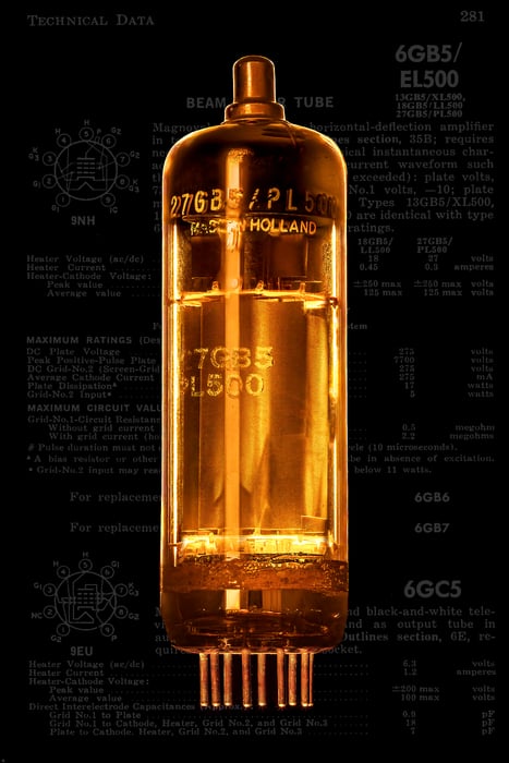 101 megapixels! A very high resolution, large-format VAST photo print of a famous invention. Photograph of a vacuum tube and its data specification sheet created by Scott Dimond.