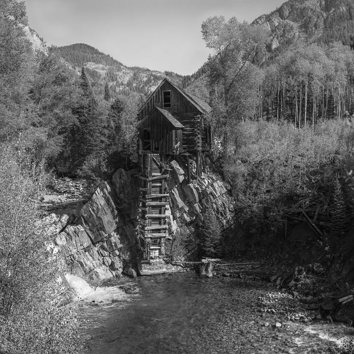 2,665 megapixels! A very high resolution, large-format VAST black and white photo print of Crystal Mill in Marble, Colorado; photograph created by John Freeman.