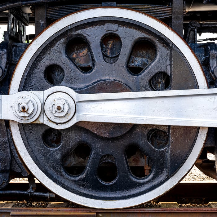 192 megapixels! A very high resolution, large-format fine art photo of a train wheel; photograph created by Beyti Barbaros at the Steamtown Museum in Scranton, Pennsylvania.
