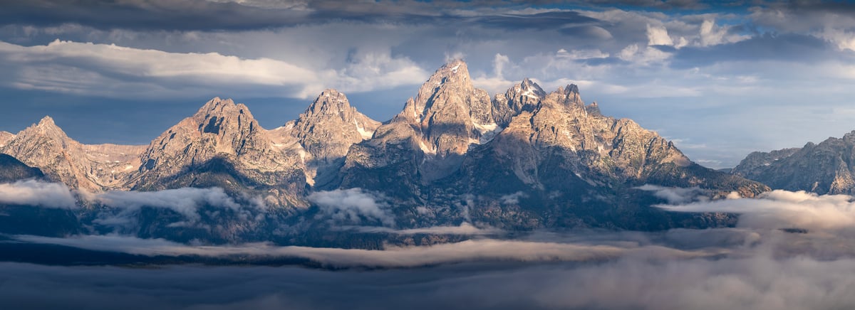 272 megapixels! A very high resolution, large-format VAST photo print of the Teton Range of mountains at sunrise; photograph of Grand Teton National Park created by Jeff Lewis in Jackson, Wyoming.