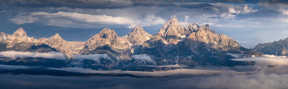 321 megapixels! A very high resolution, panorama photo of the Teton Range of mountains in Grand Teton National Park at sunrise; landscape photograph created by Jeff Lewis in Jackson, Wyoming.