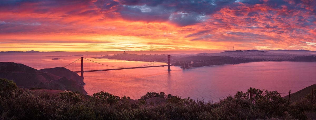 187 megapixels! A very high resolution, large-format VAST photo print of a vibrant sunrise over the San Francisco skyline, Golden Gate Bridge, and San Francisco Bay; fine art landscape photograph created by Jeff Lewis in San Francisco, California.