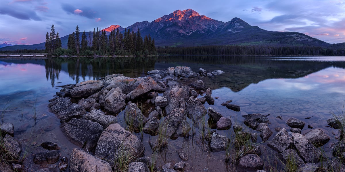 442 megapixels! A very high resolution, large VAST photo print of a tranquil mountain lake scene; landscape photograph created by Scott Dimond in Pyramid Lake, Jasper National Park, Alberta, Canada.