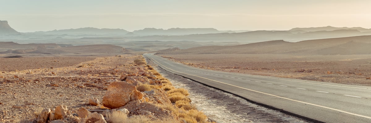 177 megapixels! A very high resolution, large-format VAST photo print of a road going through a desert during a bright sunny day; landscape photograph created by Assaf Frank in the Negev Desert, Israel.