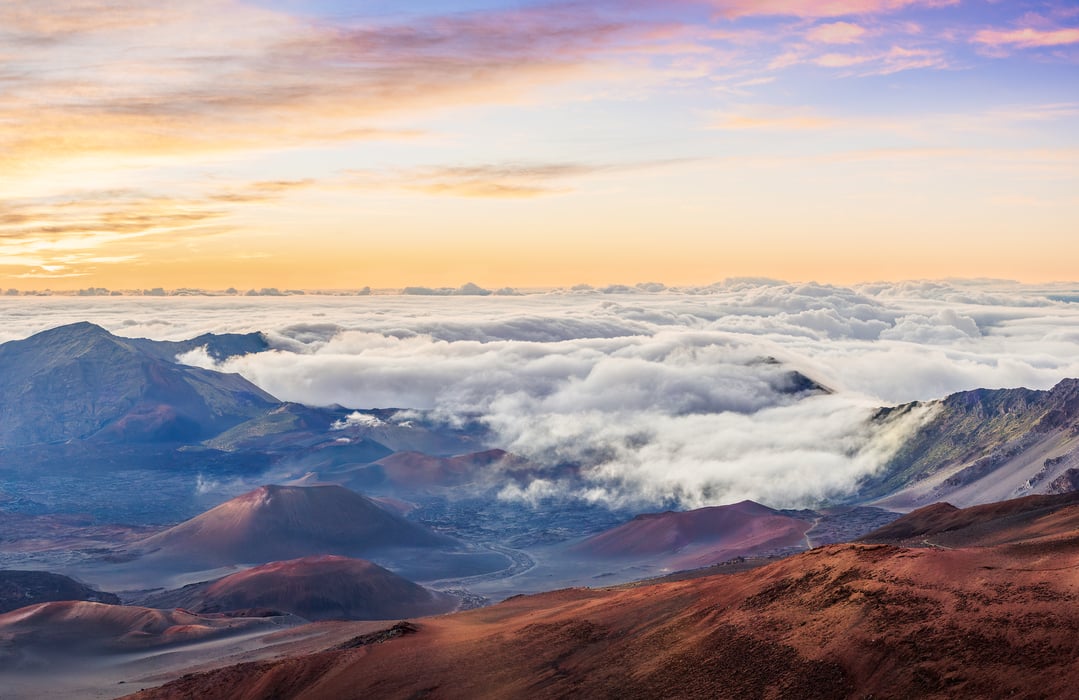 463 megapixels! A very high resolution, large-format VAST photo print from the top of a mountain looking down on clouds resting in the valleys below at sunrise; landscape fine art photograph created by Chris Blake in Haleakala National Park on Maui, Hawaii.