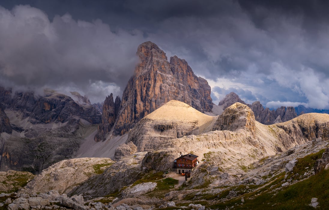 140 megapixels! A very high resolution, large-format VAST photo print of a traditional house home on a mountain with a towering peak behind it; fine art photograph created by Jeff Lewis in Sexten Dolomites, Italy.