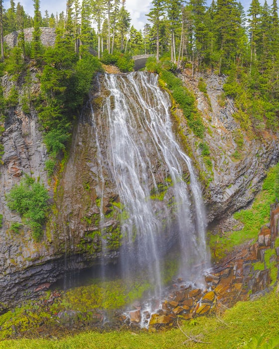 1,037 megapixels! A very high resolution, gigapixel photo of a large waterfall going down a rock face; perfect for use as a large wall mural; nature photograph created by John Freeman of Narada Falls in Mount Rainier National Park, Washington.