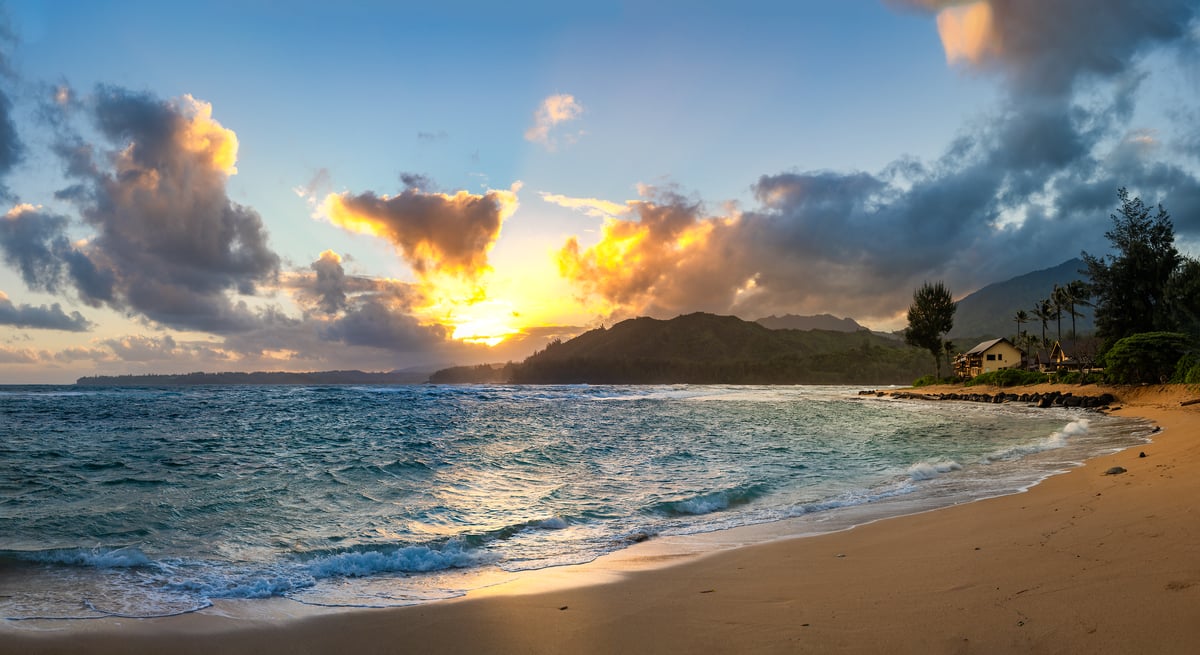 357 megapixels! A very high resolution, large-format VAST photo print of sunrise over a beach on the North Shore of Kauai, Hawaii; seascape photograph created by Justin Katz in Hanalei, Kauai, Hawaii.